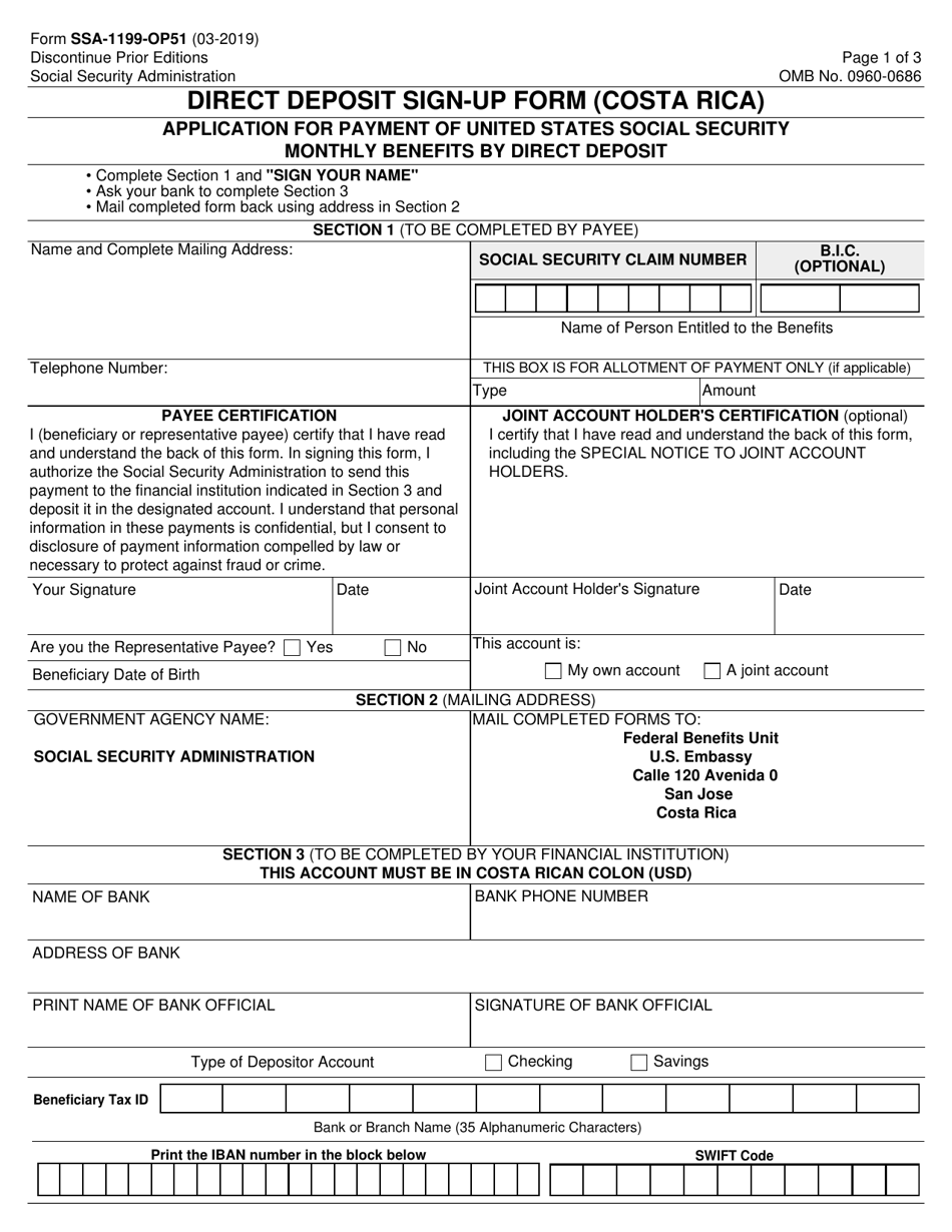 Form SSA-1199-OP51 Direct Deposit Sign-Up Form (Costa Rica), Page 1