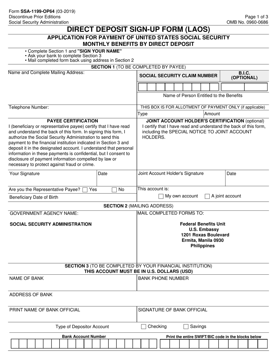 Form SSA-1199-OP64 Direct Deposit Sign-Up Form (Laos), Page 1