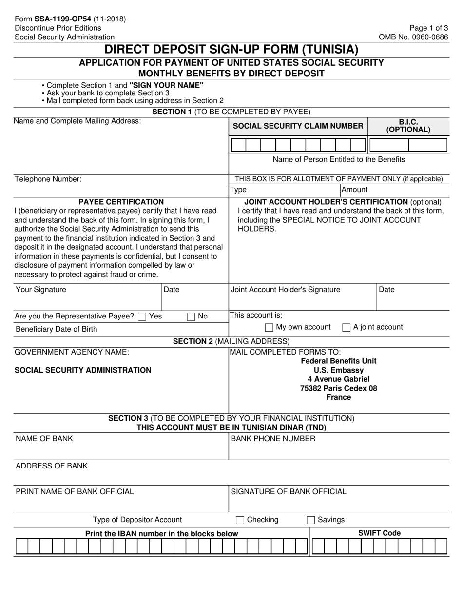 Form SSA-1199-OP54 Direct Deposit Sign-Up Form (Tunisia), Page 1