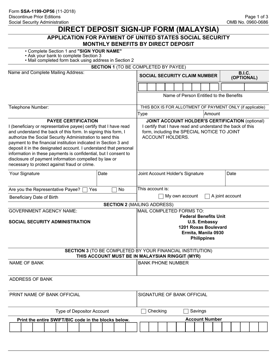 Form SSA-1199-OP56 Direct Deposit Sign-Up Form (Malaysia), Page 1