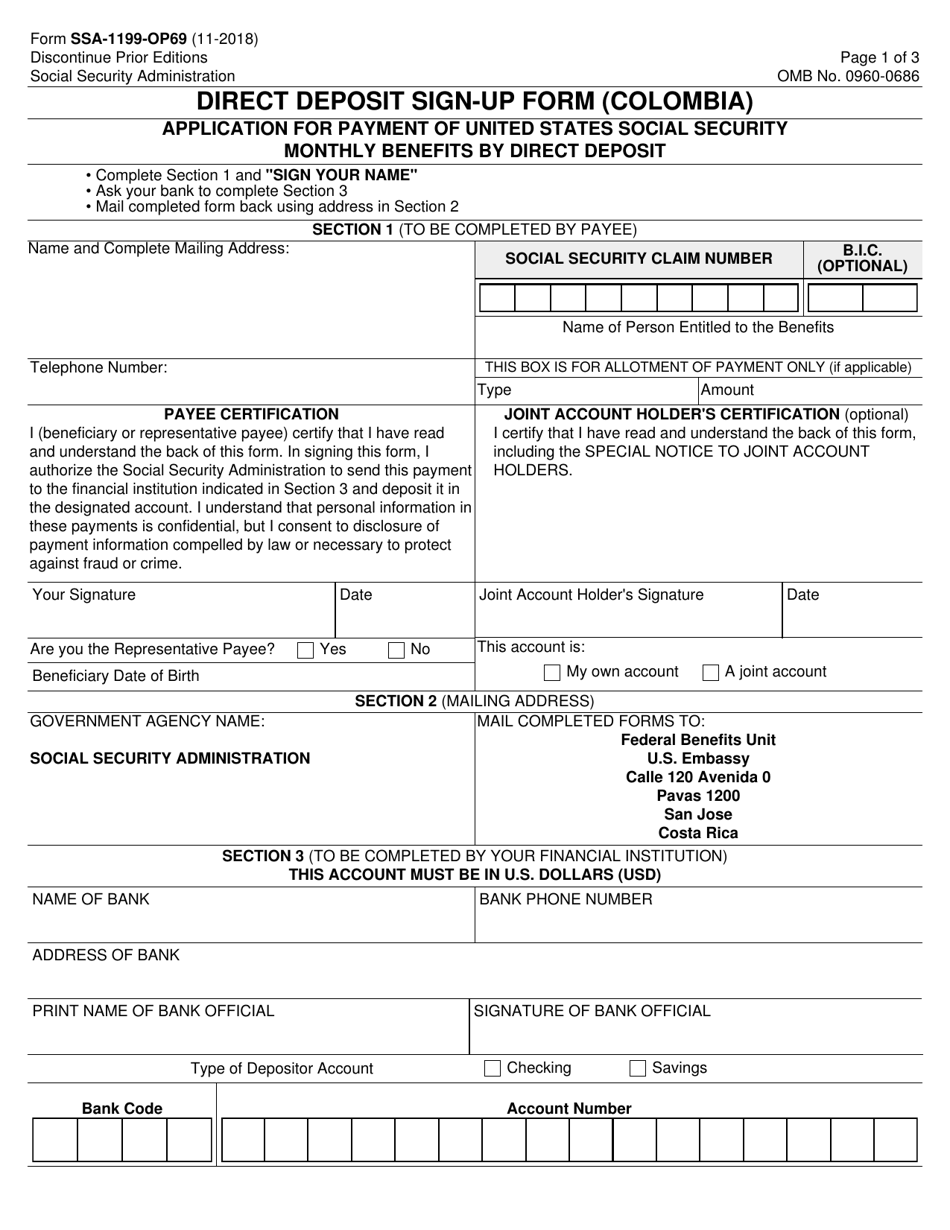 Form SSA-1199-OP69 Direct Deposit Sign-Up Form (Colombia), Page 1