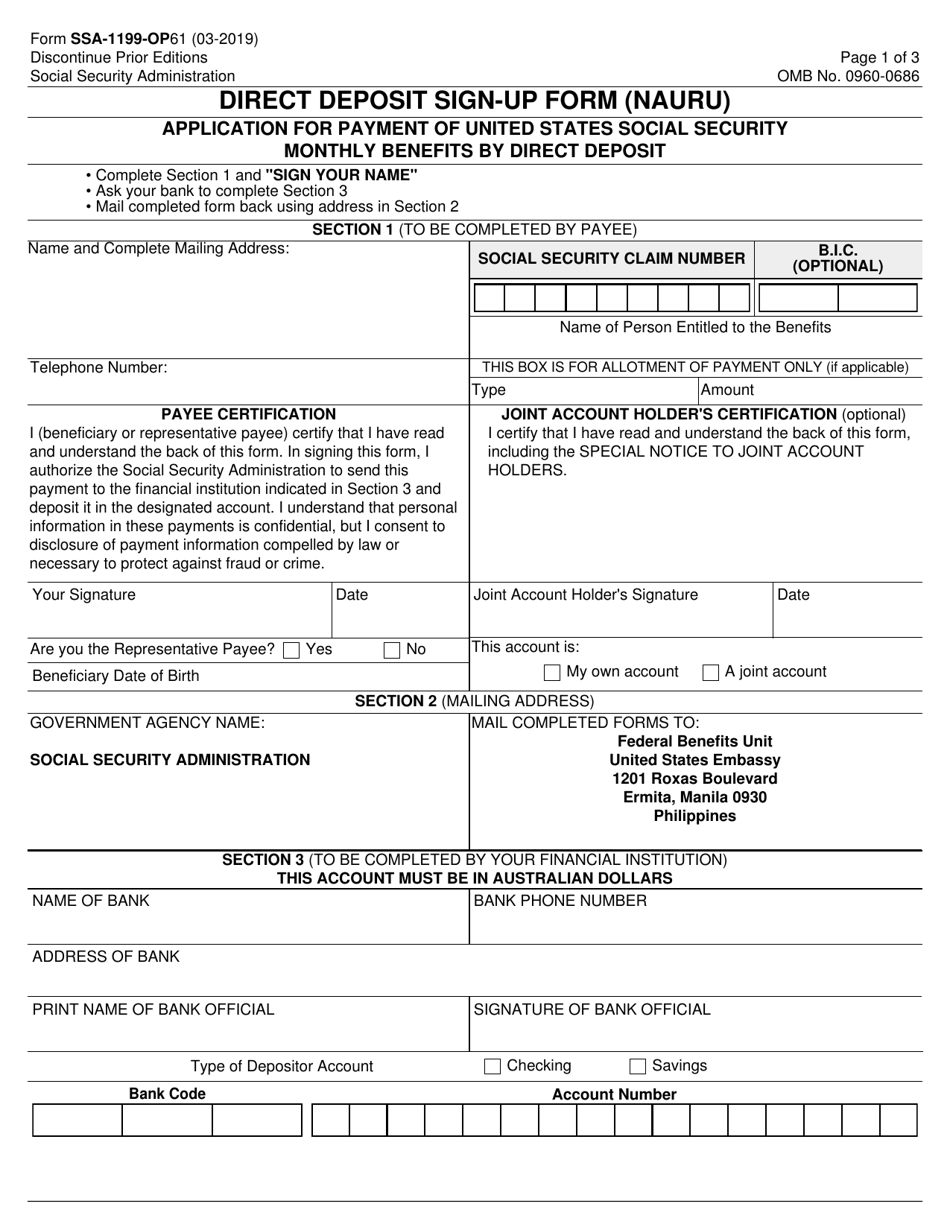 Form SSA-1199-OP61 Direct Deposit Sign-Up Form (Nauru), Page 1