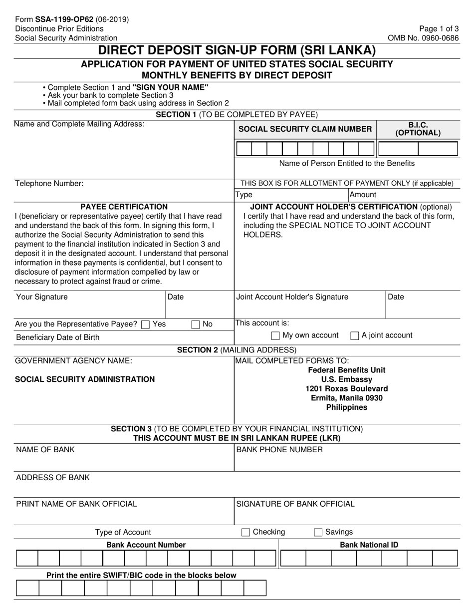 Form SSA-1199-OP62 Direct Deposit Sign-Up Form (Sri Lanka), Page 1