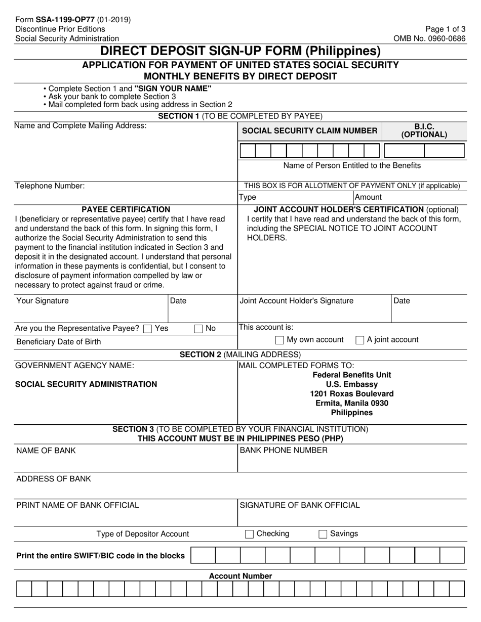 Form SSA-1199-OP77 Direct Deposit Sign-Up Form (Philippines), Page 1