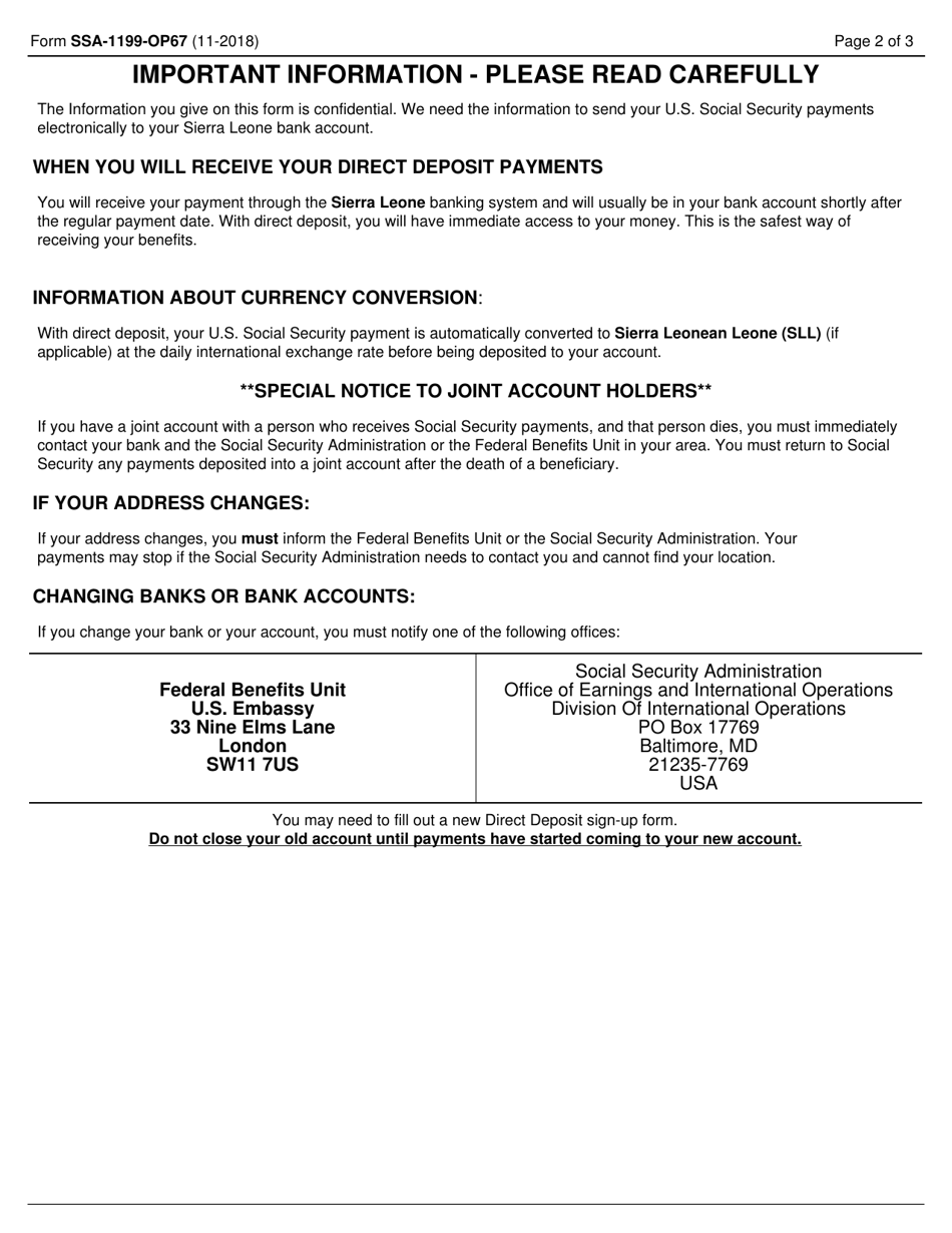 Form SSA-1199-OP67 Direct Deposit Sign-Up Form (Sierra Leone), Page 2