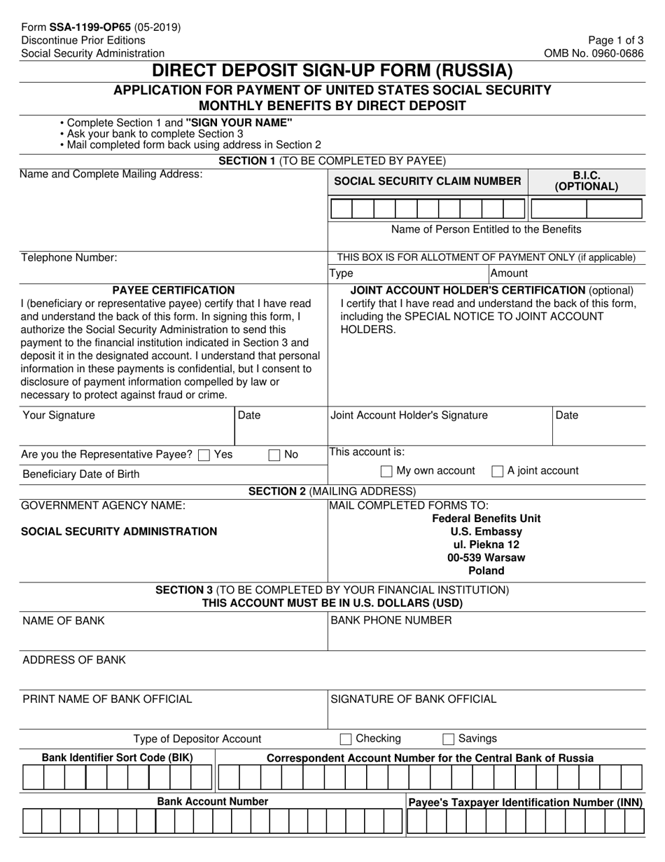 Form SSA-1199-OP65 Direct Deposit Sign-Up Form (Russia), Page 1