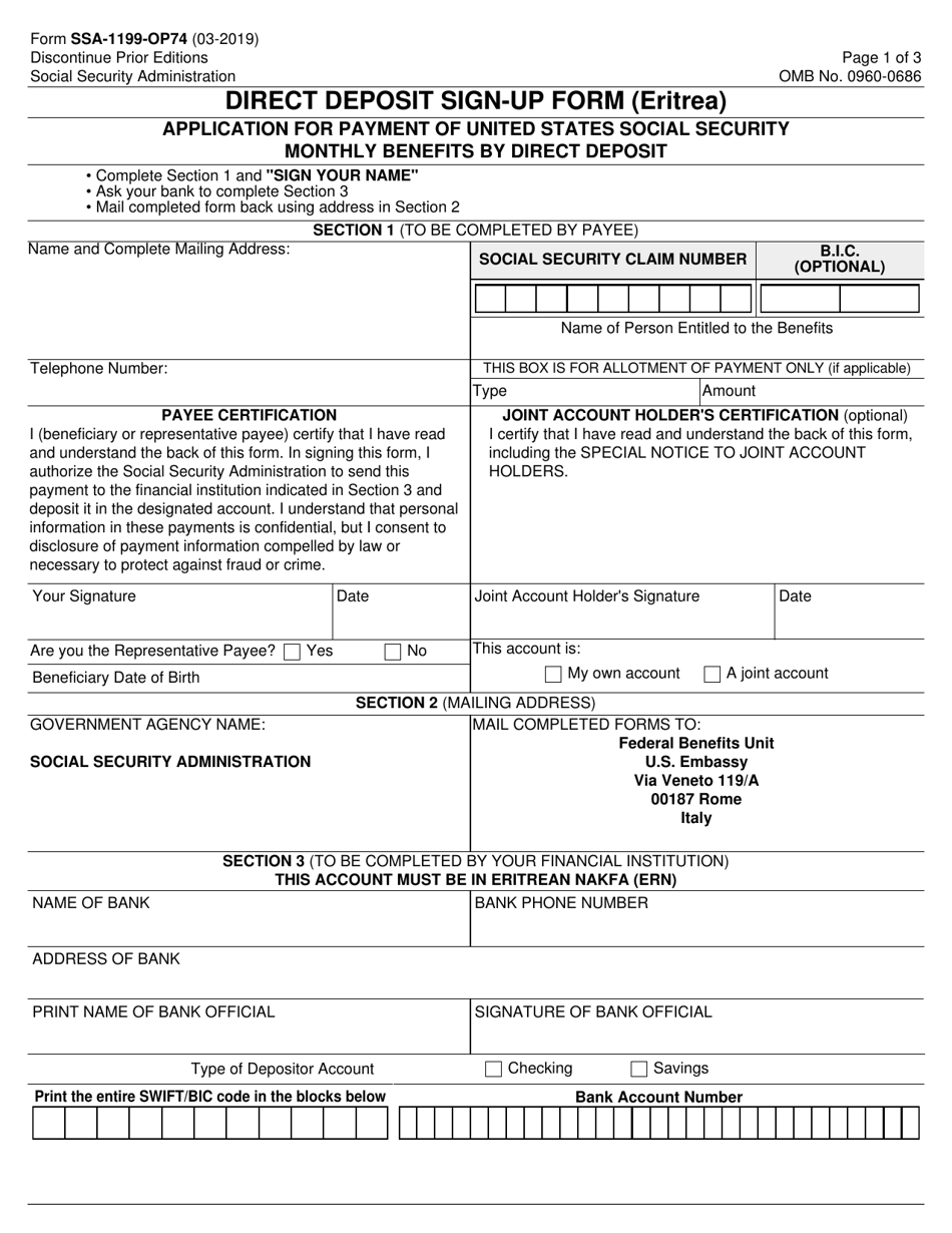 Form SSA-1199-OP74 Direct Deposit Sign-Up Form (Eritrea), Page 1