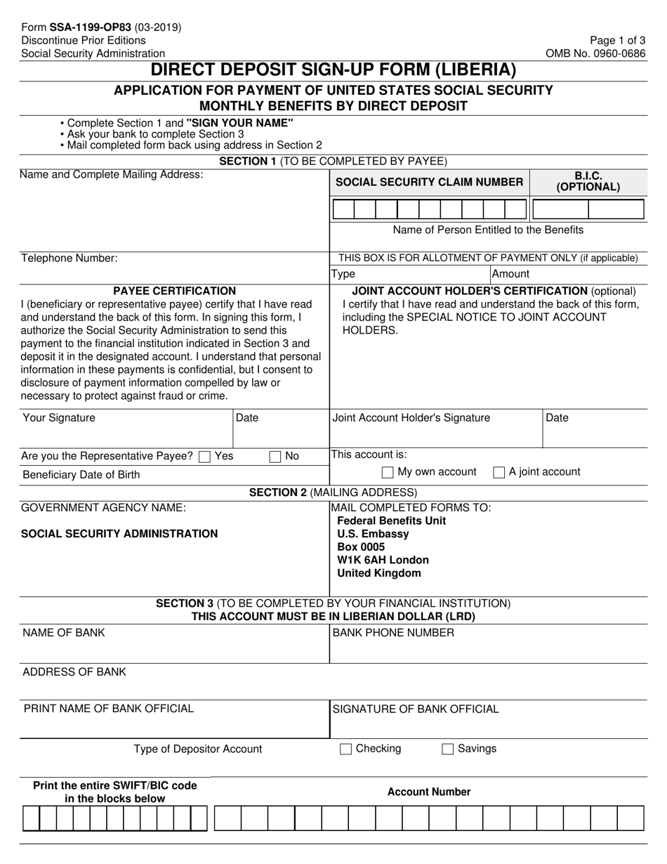 Form SSA-1199-OP83 Direct Deposit Sign-Up Form (Liberia), Page 1