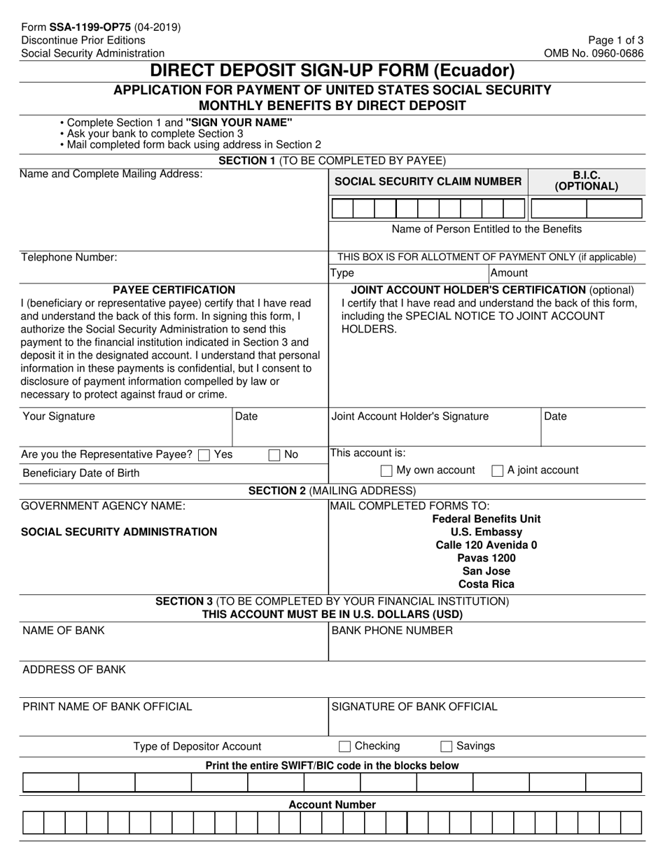 Form SSA-1199-OP75 Direct Deposit Sign-Up Form (Ecuador), Page 1