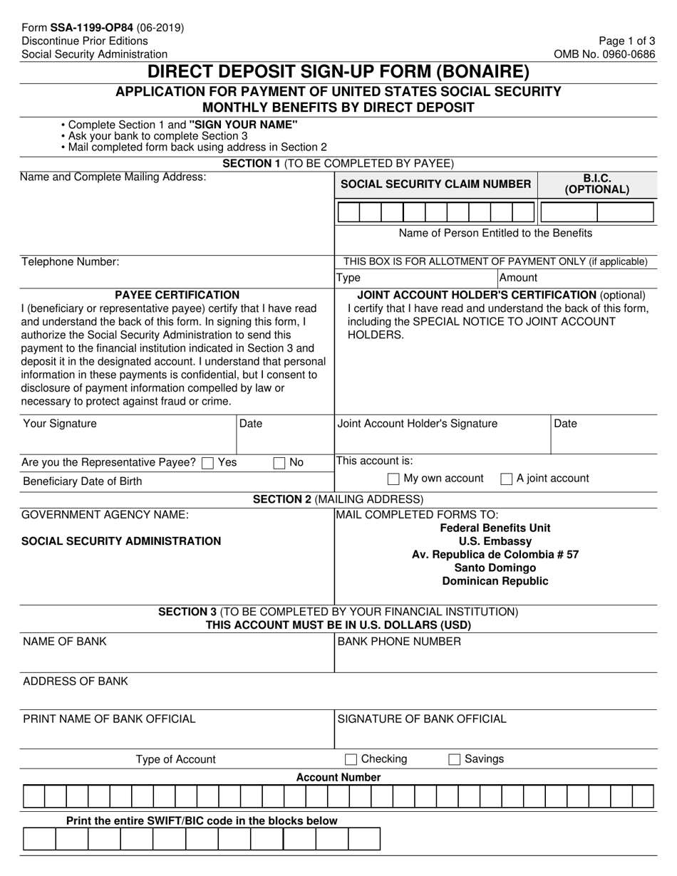 Form SSA-1199-OP84 Direct Deposit Sign-Up Form (Bonaire), Page 1
