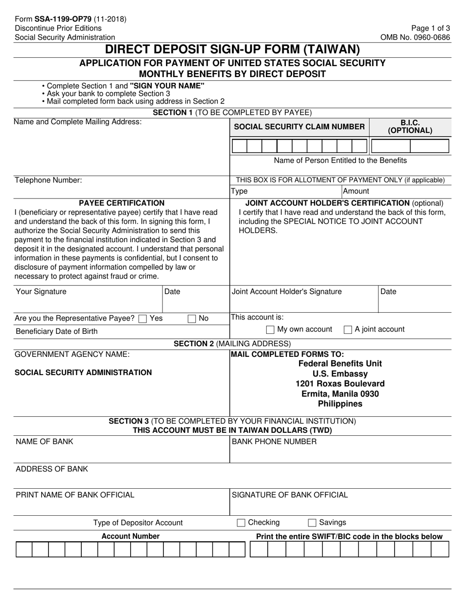 Form SSA-1199-OP79 Direct Deposit Sign-Up Form (Taiwan), Page 1