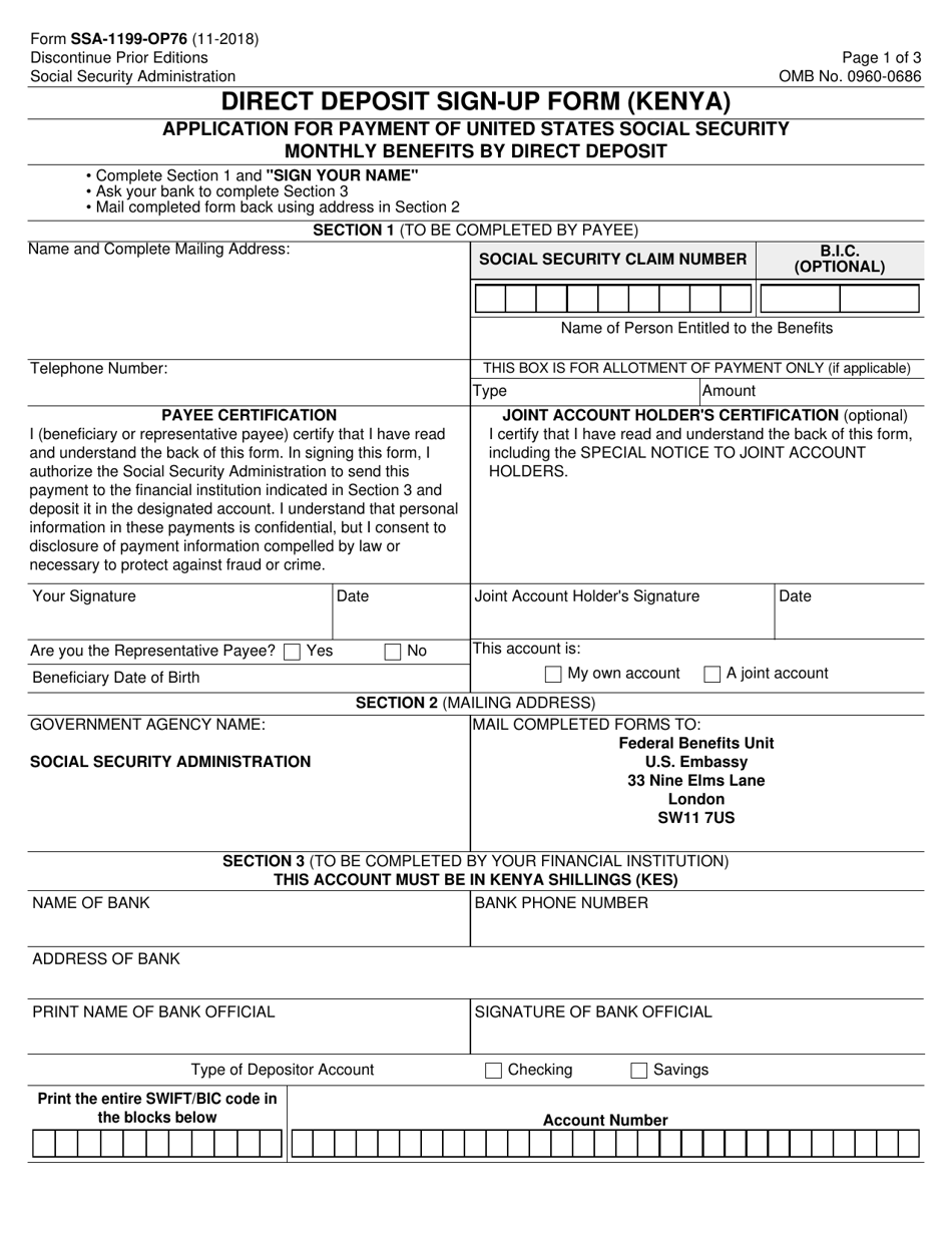 Form SSA-1199-OP76 Direct Deposit Sign-Up Form (Kenya), Page 1