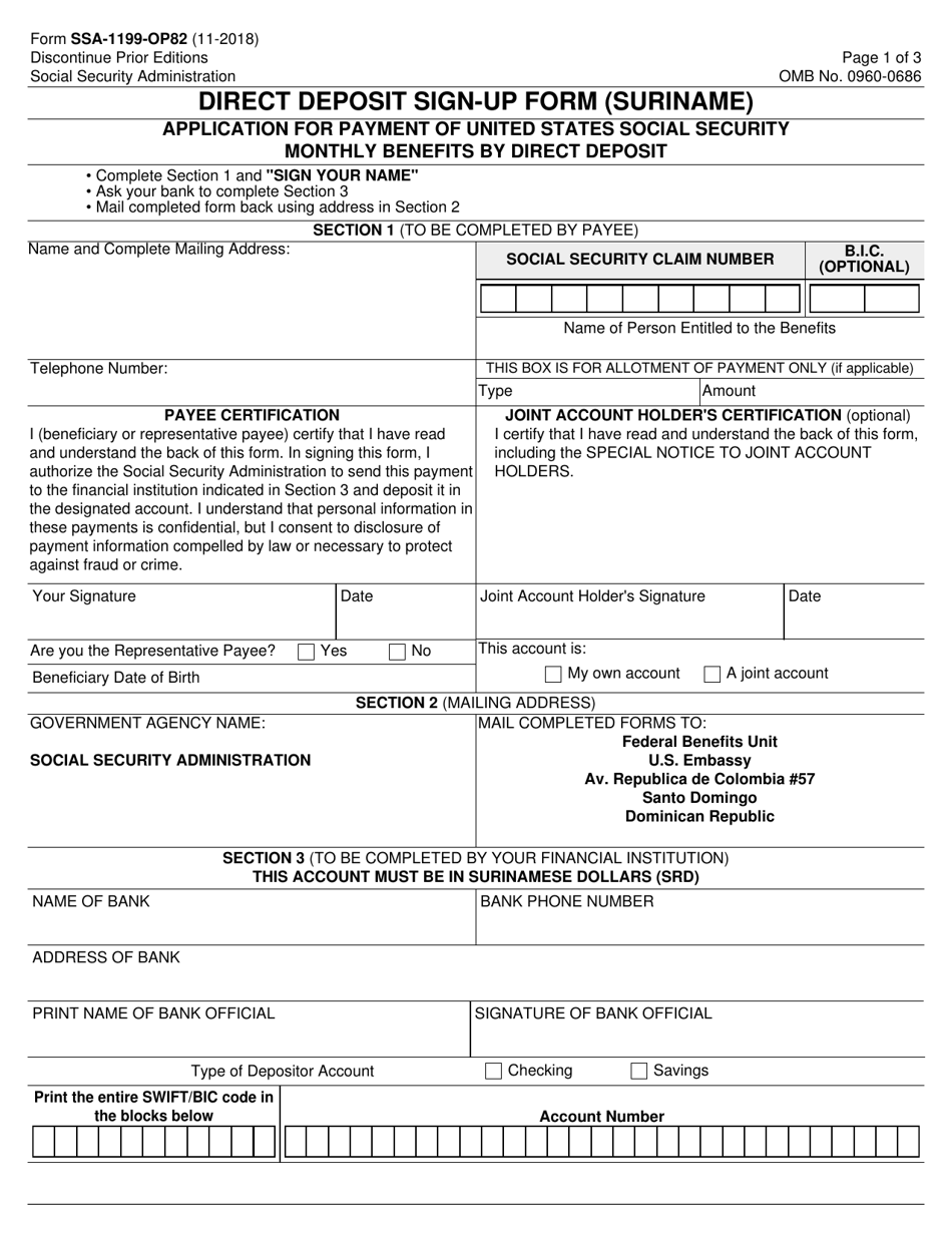 Form SSA-1199-OP82 Direct Deposit Sign-Up Form (Suriname), Page 1