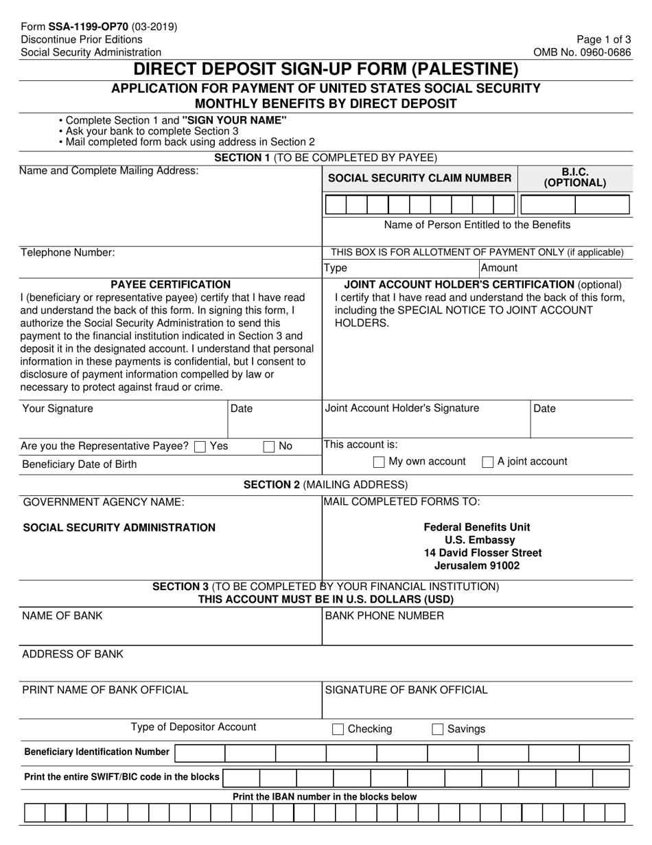 Form SSA-1199-OP70 Direct Deposit Sign-Up Form (Palestine), Page 1