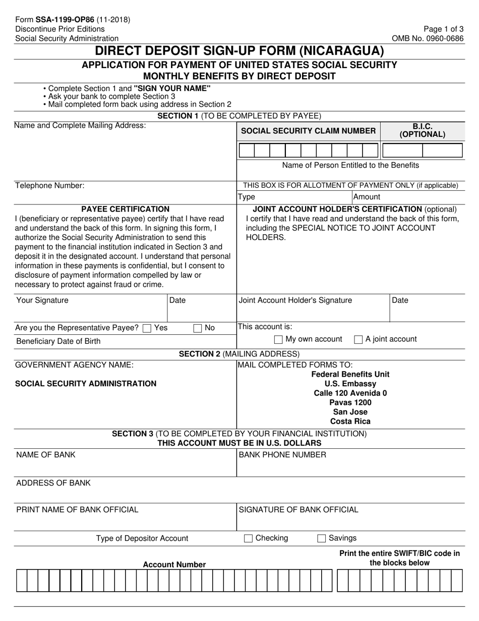 Form SSA-1199-OP86 Direct Deposit Sign-Up Form (Nicaragua), Page 1