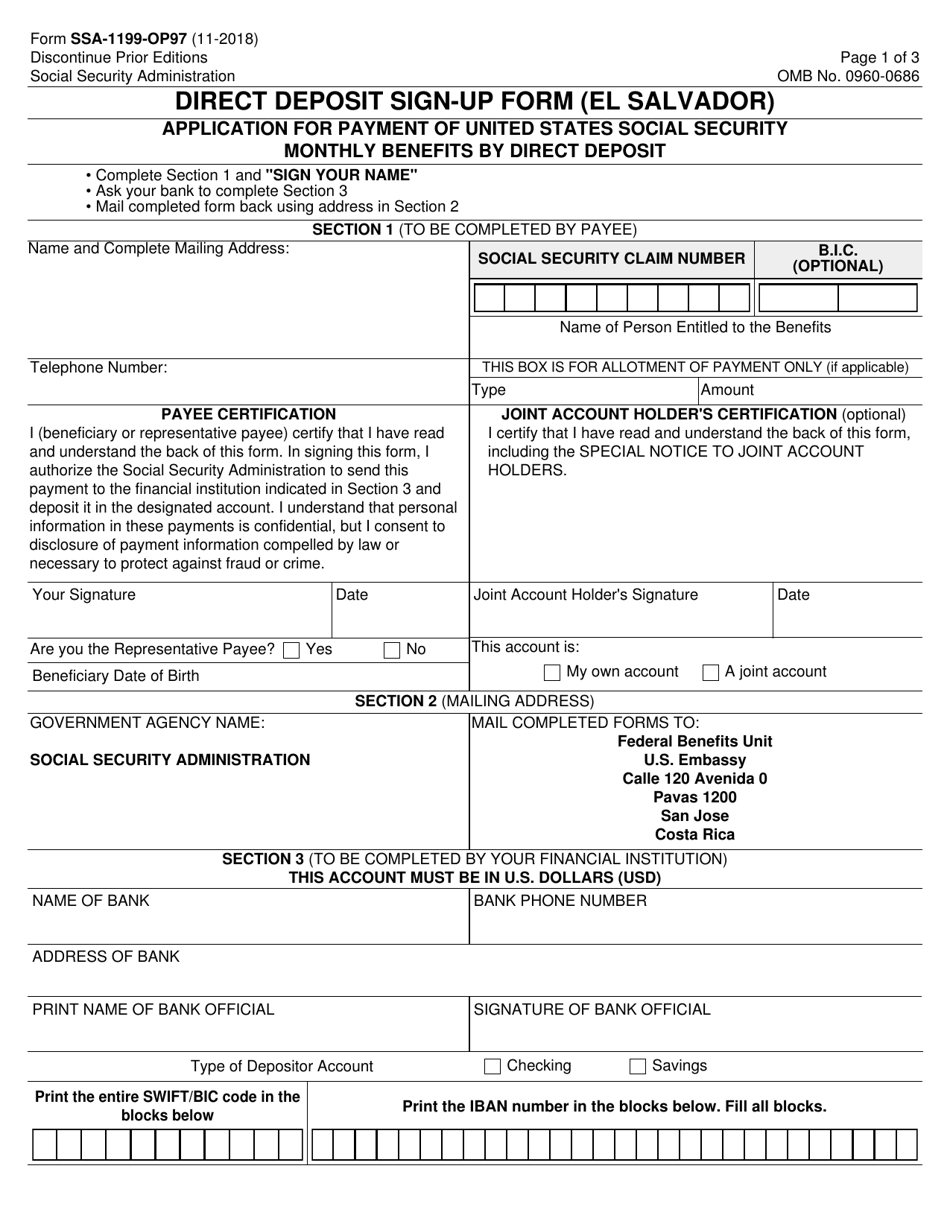 Form SSA-1199-OP97 Direct Deposit Sign-Up Form (El Salvador), Page 1