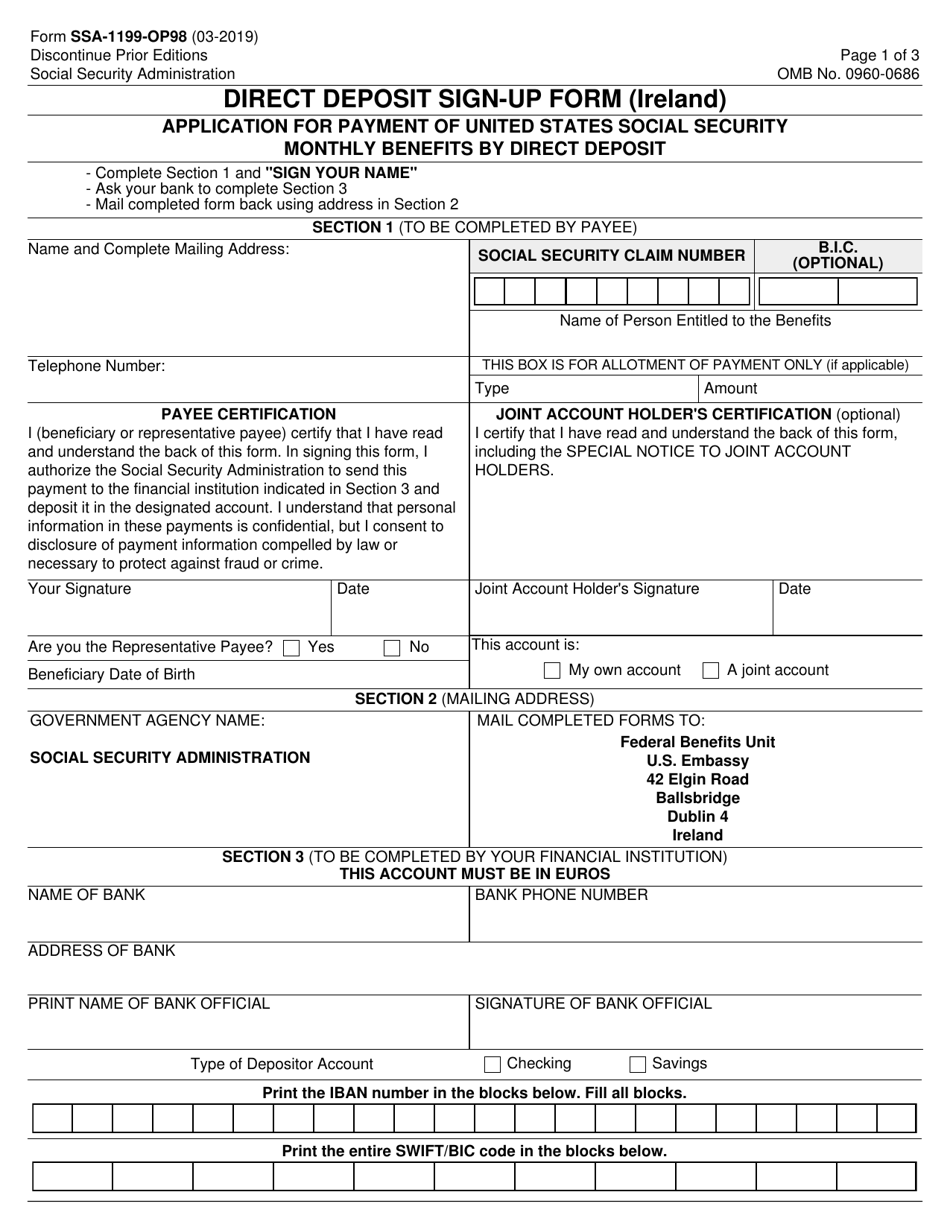 Form SSA-1199-OP98 Direct Deposit Sign-Up Form (Ireland), Page 1