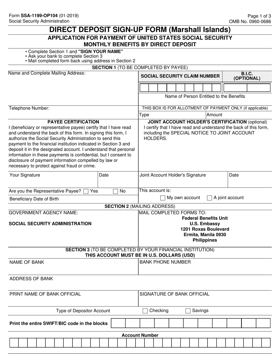 Form SSA-1199-OP-104 Direct Deposit Sign-Up Form (Marshall Islands), Page 1