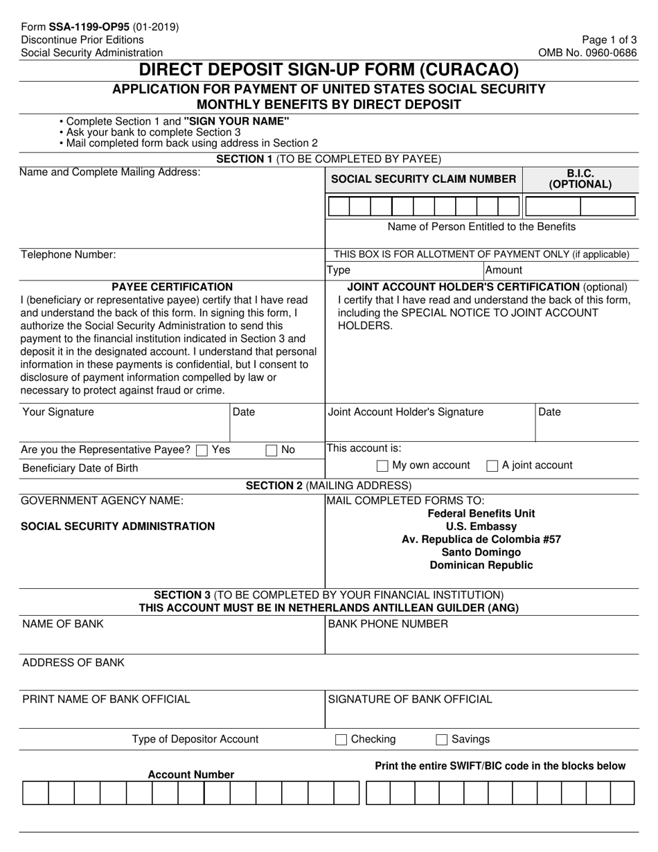 Form SSA-1199-OP95 Direct Deposit Sign-Up Form (Curacao), Page 1