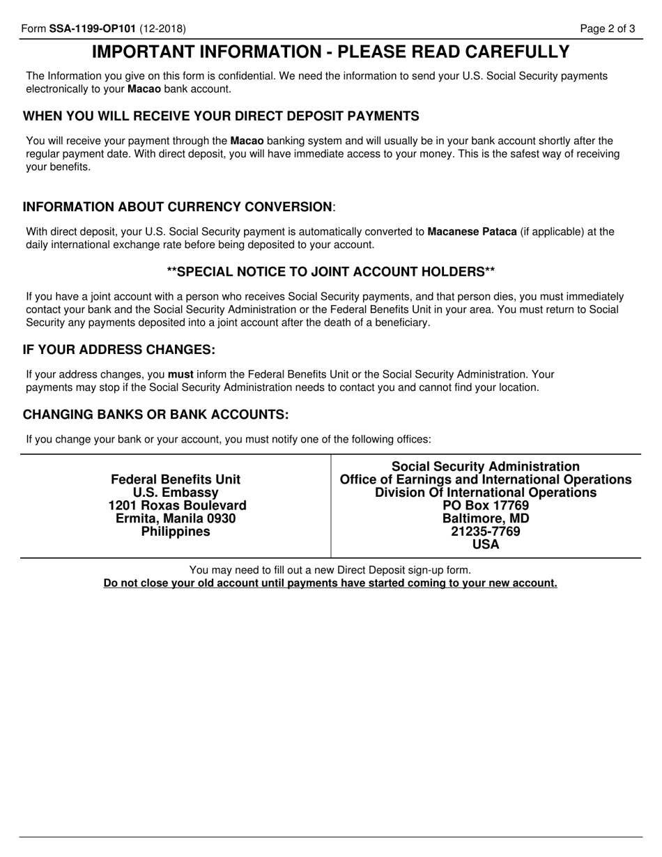 Form SSA-1199-OP101 Direct Deposit Sign-Up Form (Macao), Page 2