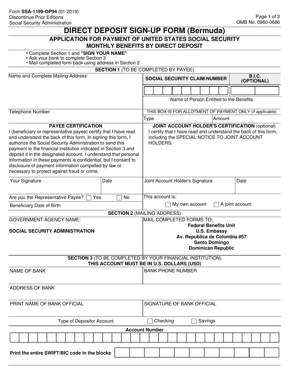 Form SSA-1199-OP94 Direct Deposit Sign-Up Form (Bermuda), Page 1