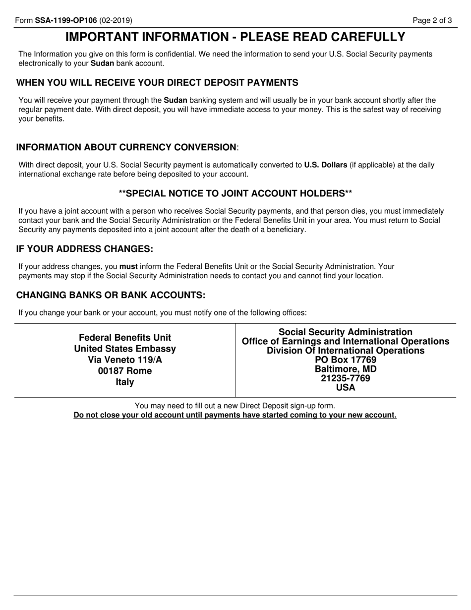 Form SSA-1199-OP106 Direct Deposit Sign-Up Form (Sudan), Page 2