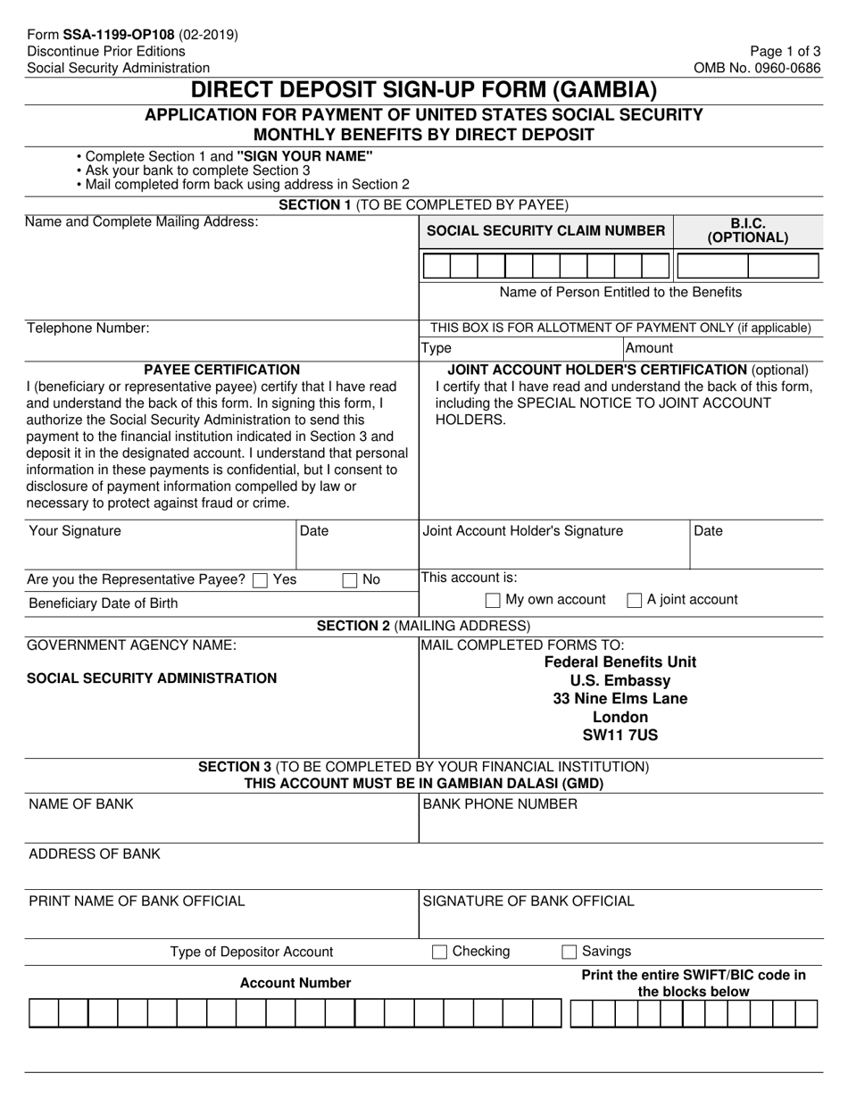 Form SSA-1199-OP108 Direct Deposit Sign-Up Form (Gambia), Page 1