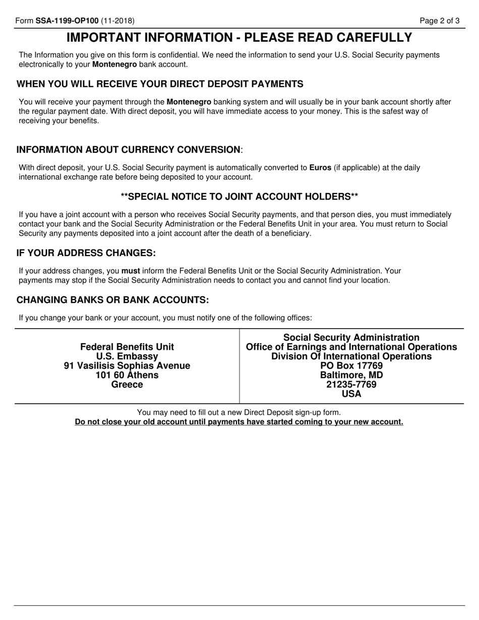 Form SSA-1199-OP100 Direct Deposit Sign-Up Form (Montenegro), Page 2