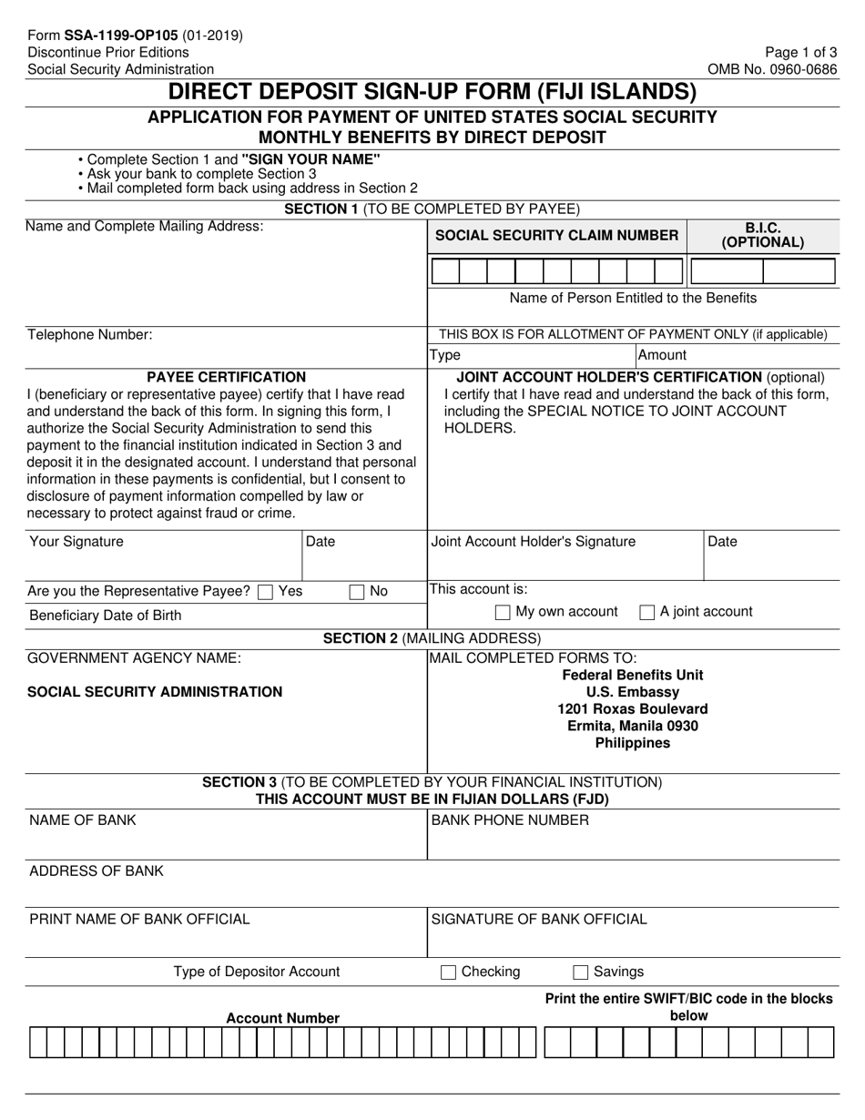 Form SSA-1199-OP105 Direct Deposit Sign-Up Form (Fiji Islands), Page 1