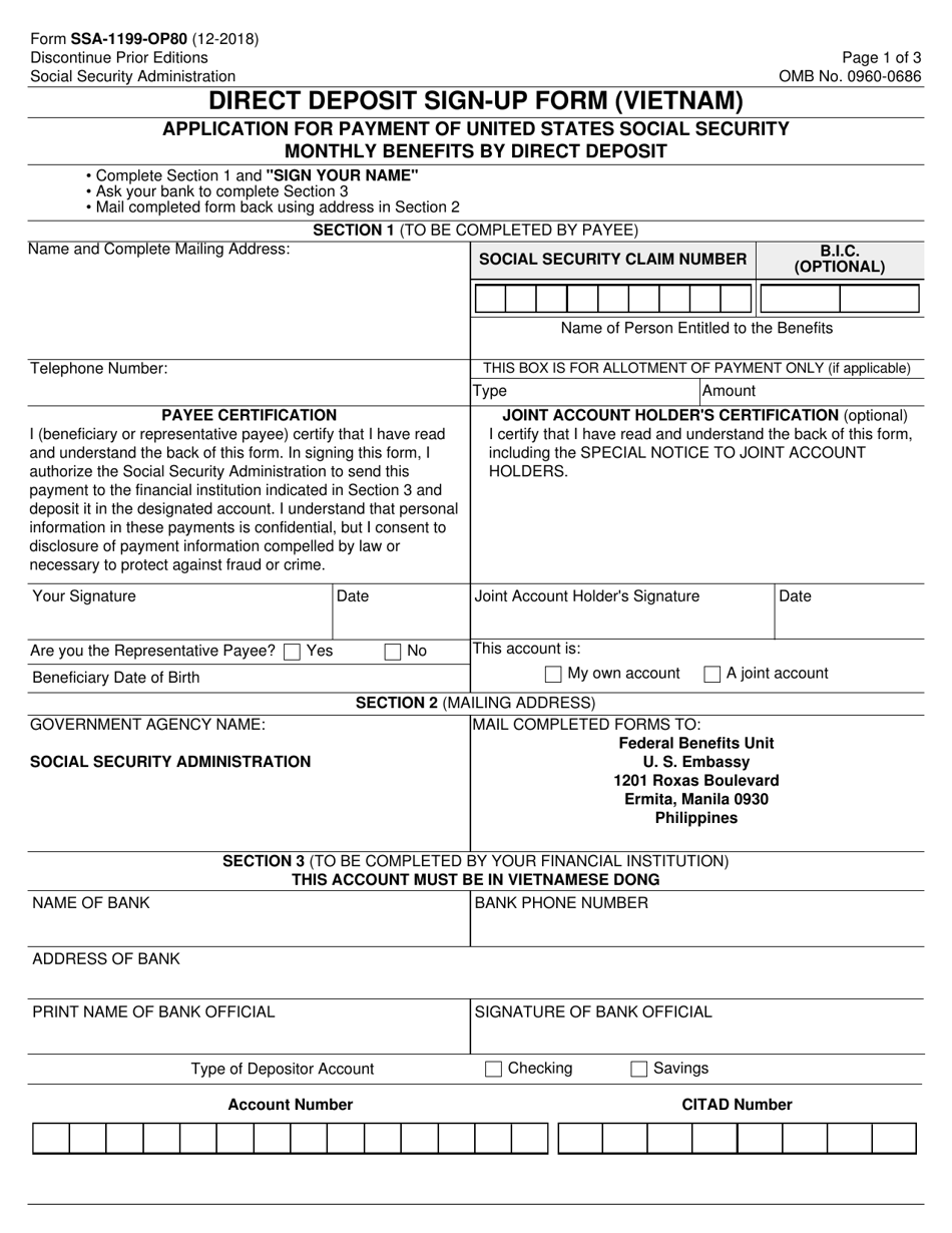 Form SSA-1199-OP80 Direct Deposit Sign-Up Form (Vietnam), Page 1