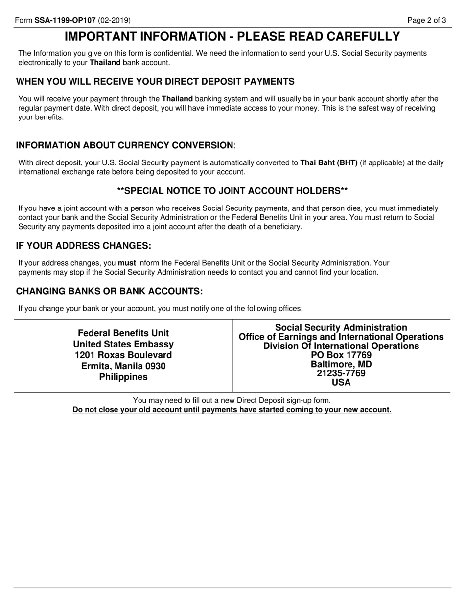 Form SSA-1199-OP107 Direct Deposit Sign-Up Form (Thailand), Page 2