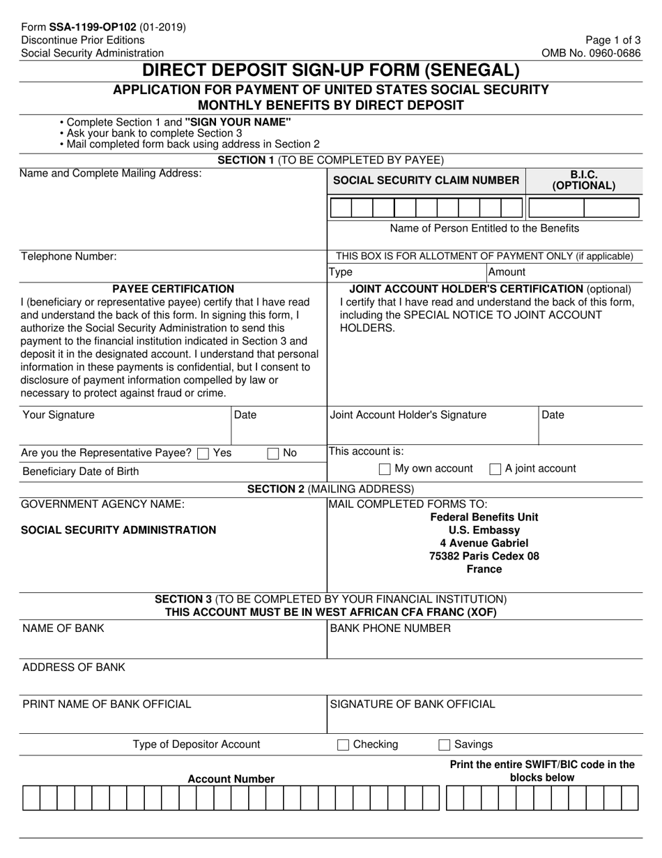 Form SSA-1199-OP102 Direct Deposit Sign-Up Form (Senegal), Page 1
