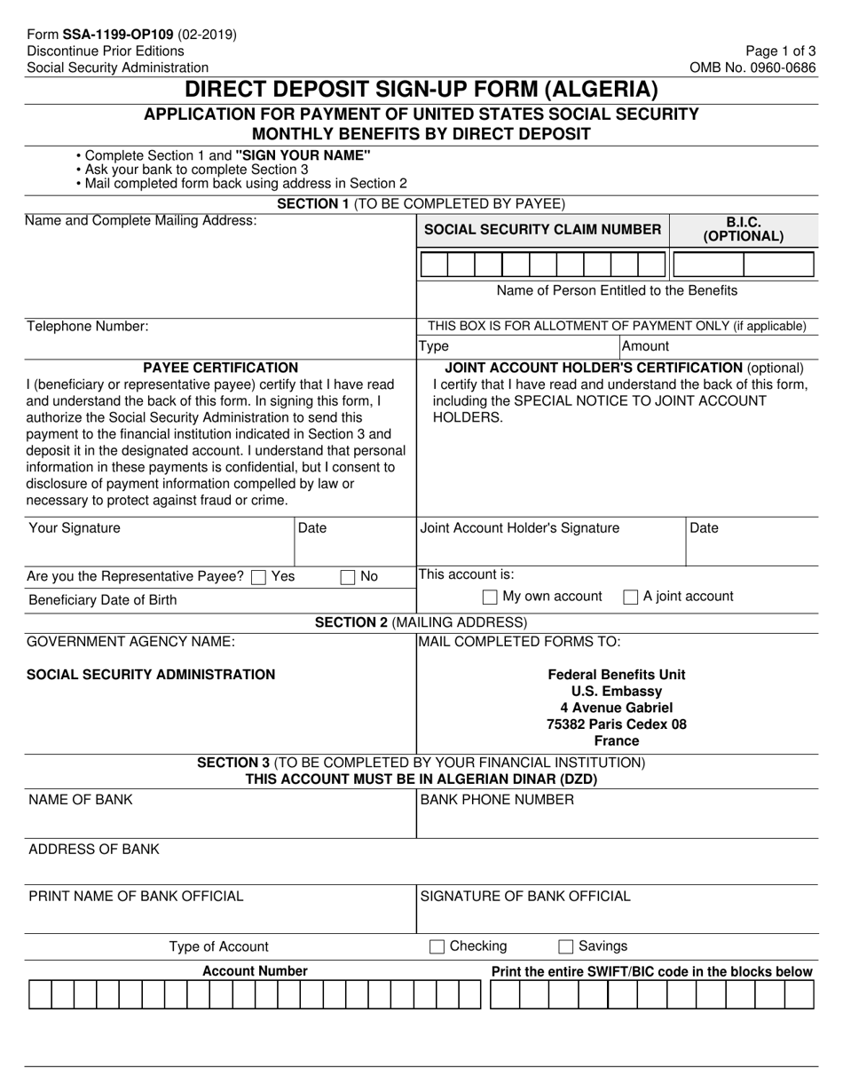 Form SSA-1199-OP109 Direct Deposit Sign-Up Form (Algeria), Page 1
