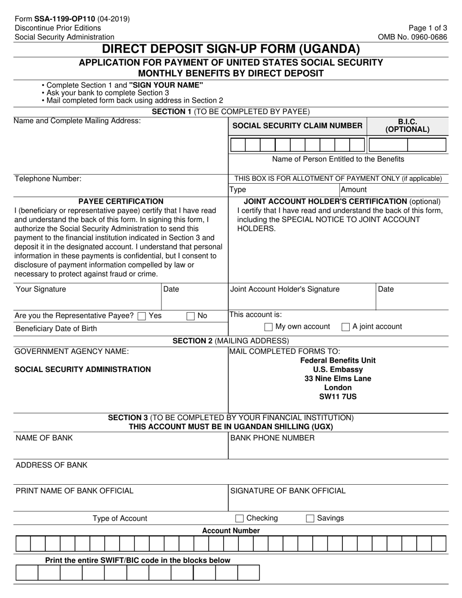 Form SSA-1199-OP110 Direct Deposit Sign-Up Form (Uganda), Page 1