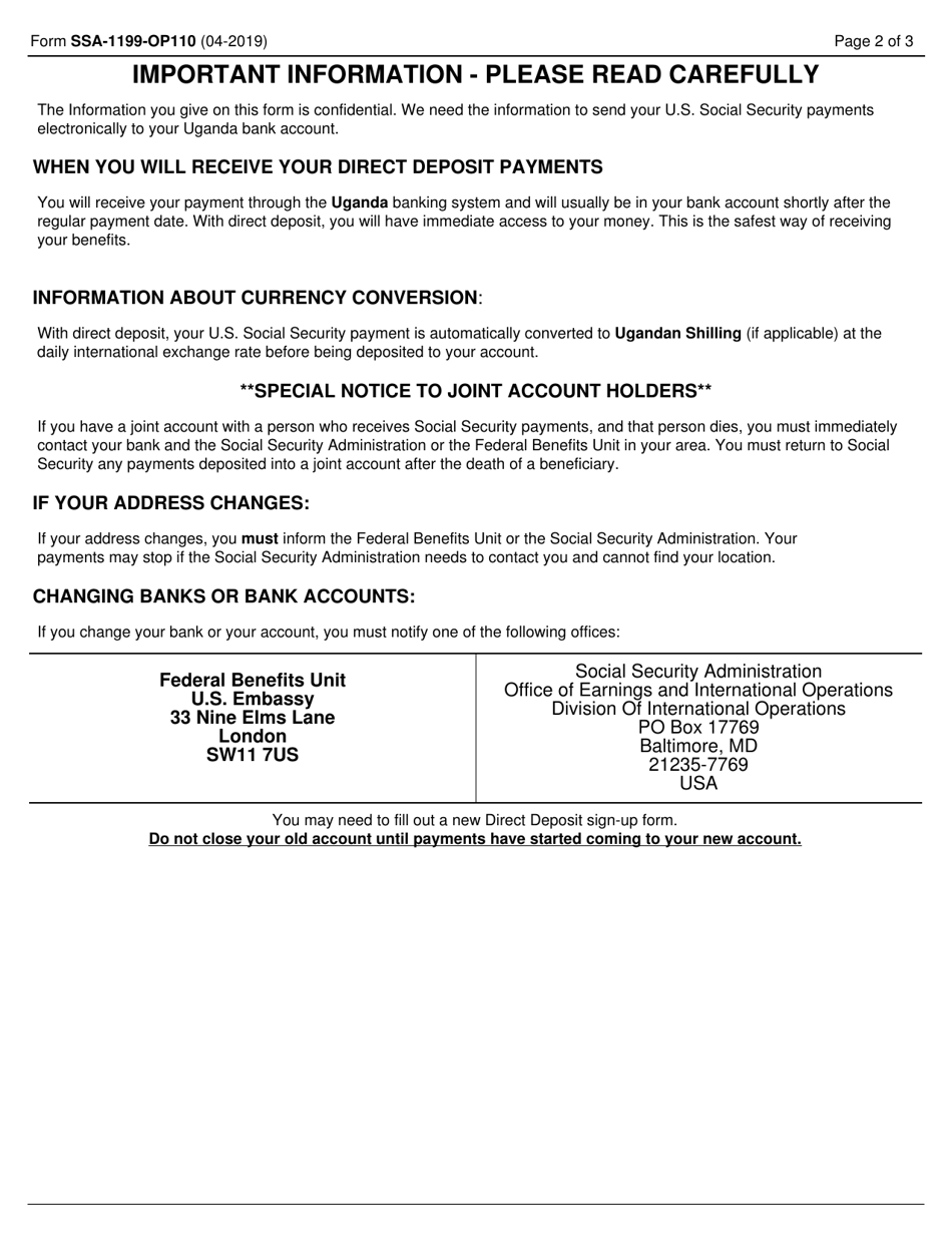 Form SSA-1199-OP110 Direct Deposit Sign-Up Form (Uganda), Page 2