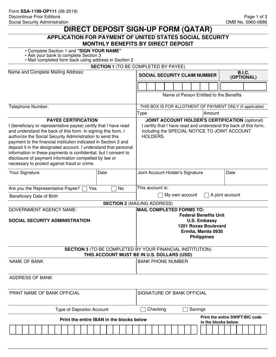 Form SSA-1199-OP111 Direct Deposit Sign-Up Form (Qatar), Page 1