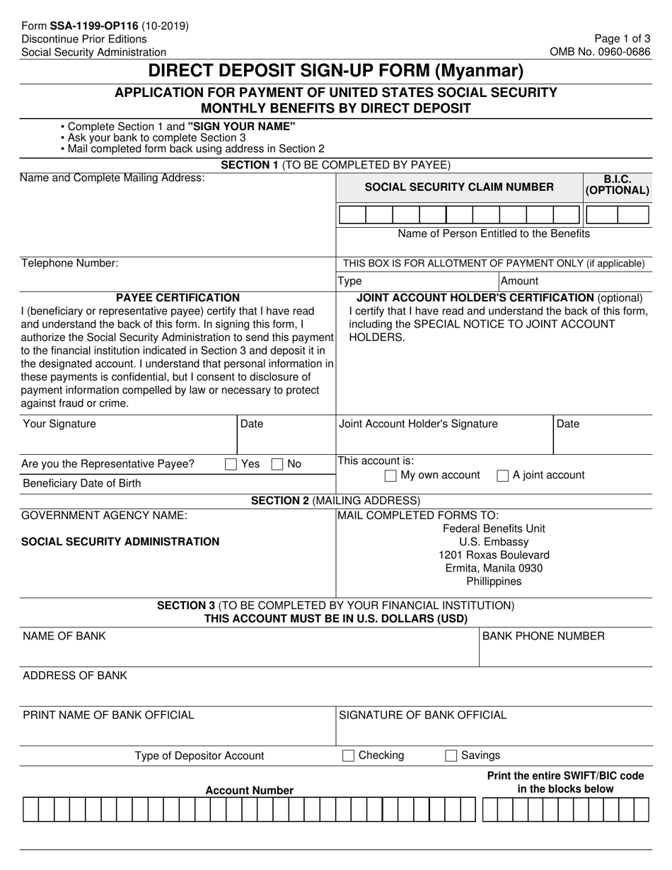 Form SSA-1199-OP116 Direct Deposit Sign-Up Form (Myanmar), Page 1