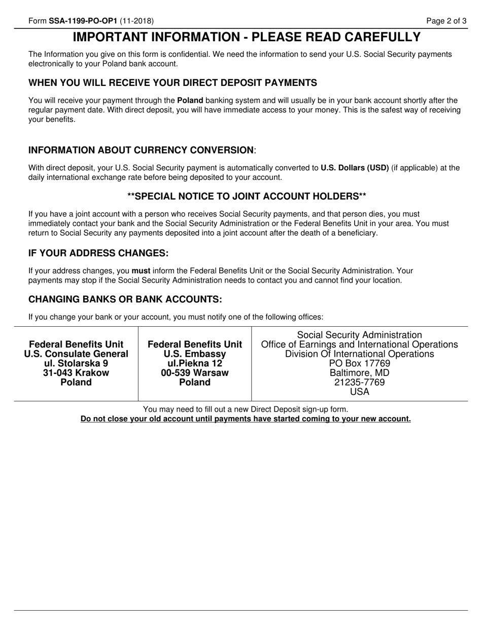 Form SSA-1199-PO-OP1 Direct Deposit Sign-Up Form (Poland), Page 2