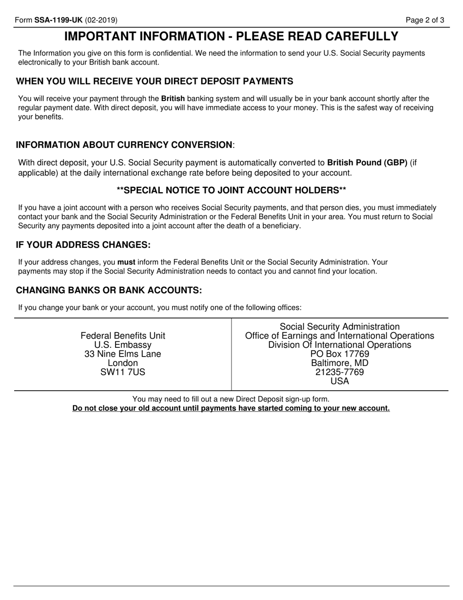 Form SSA-1199-UK Direct Deposit Sign-Up Form (United Kingdom), Page 2