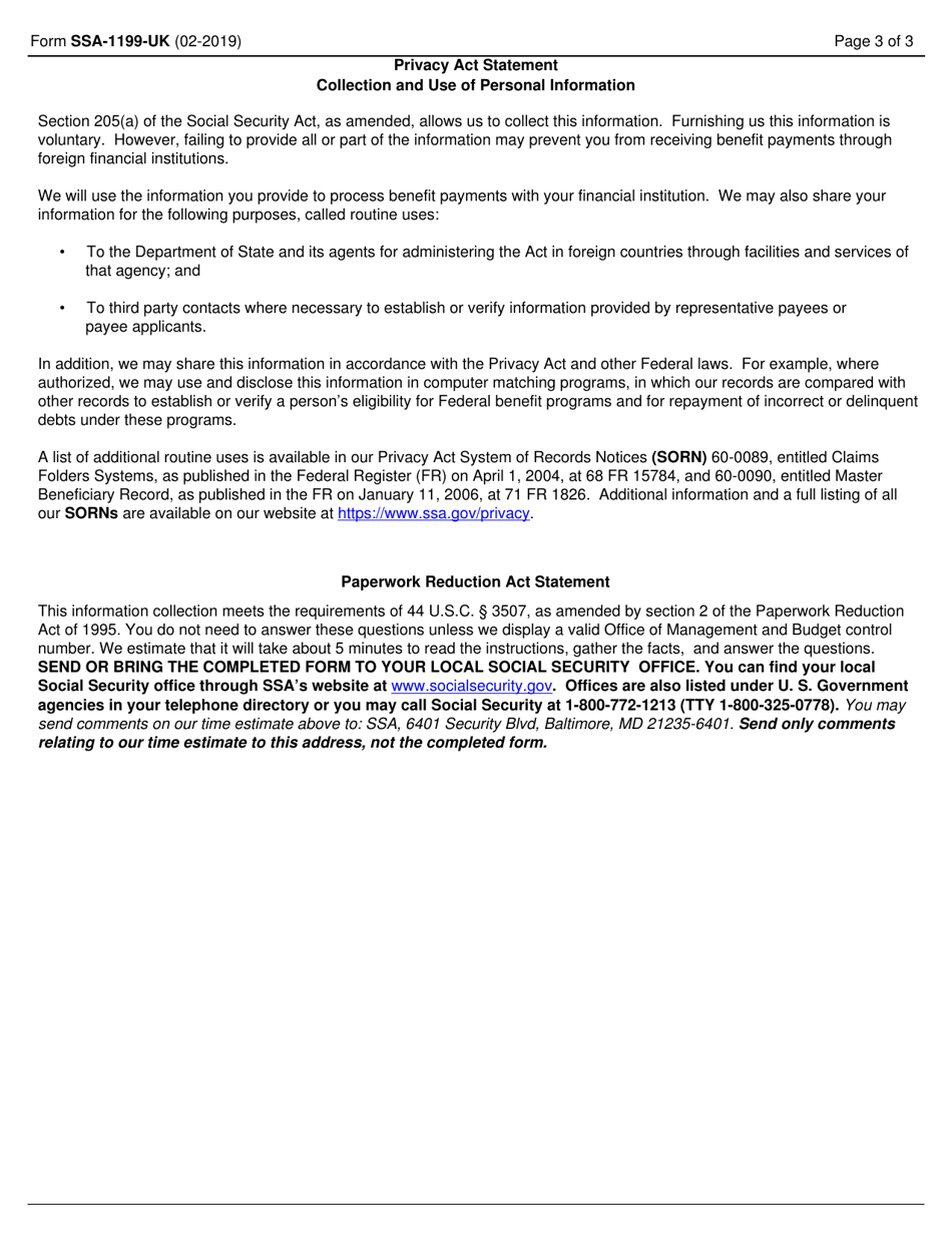 Form SSA-1199-UK Direct Deposit Sign-Up Form (United Kingdom), Page 3