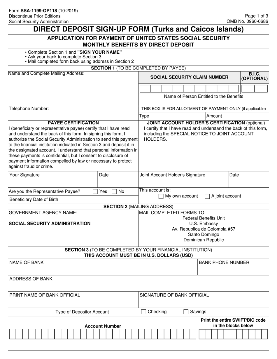 Form SSA-1199-OP118 Direct Deposit Sign-Up Form (Turks and Caicos Islands), Page 1