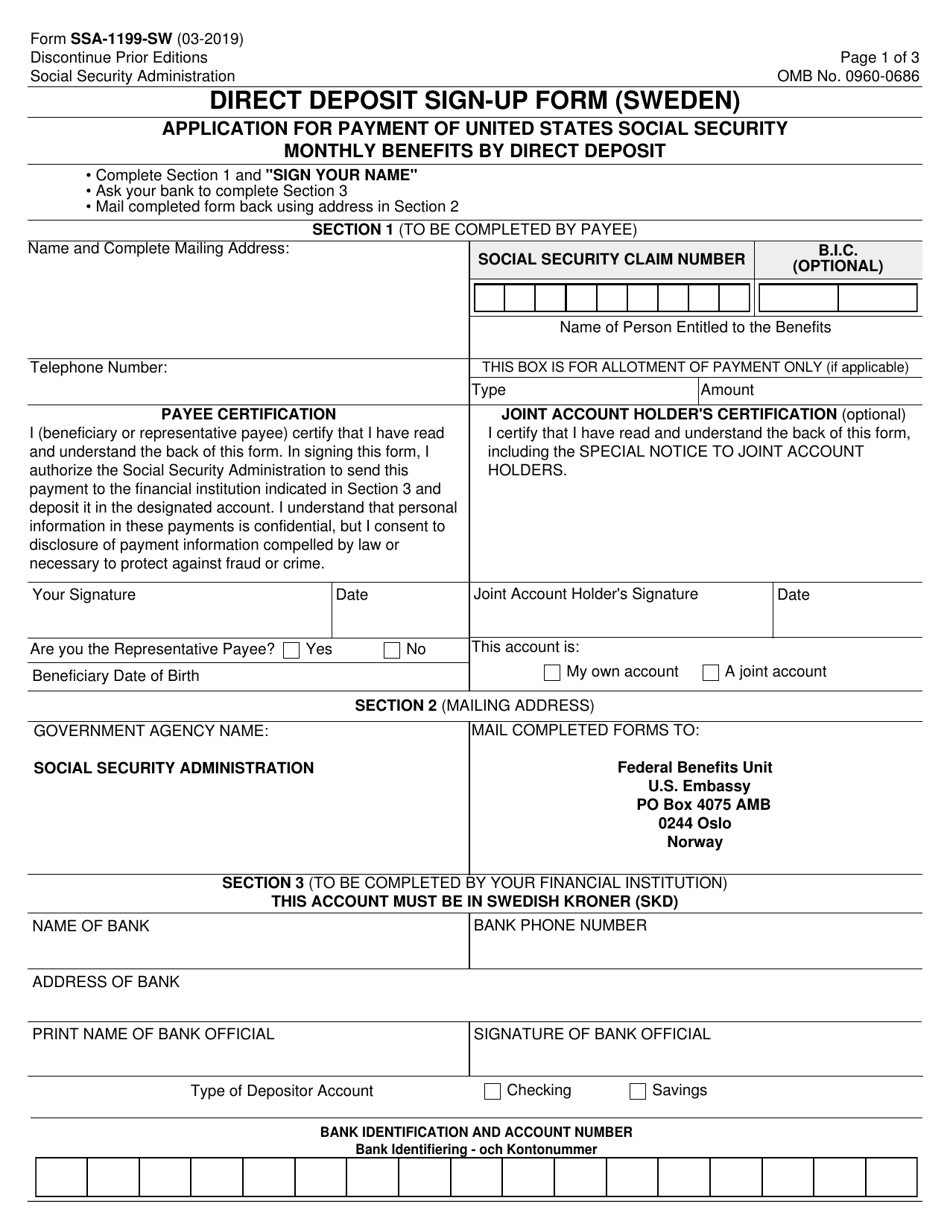 Form SSA-1199-SW Direct Deposit Sign-Up Form (Sweden), Page 1