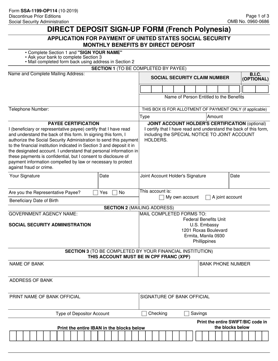 Form SSA-1199-OP-114 Direct Deposit Sign-Up Form (French Polynesia), Page 1