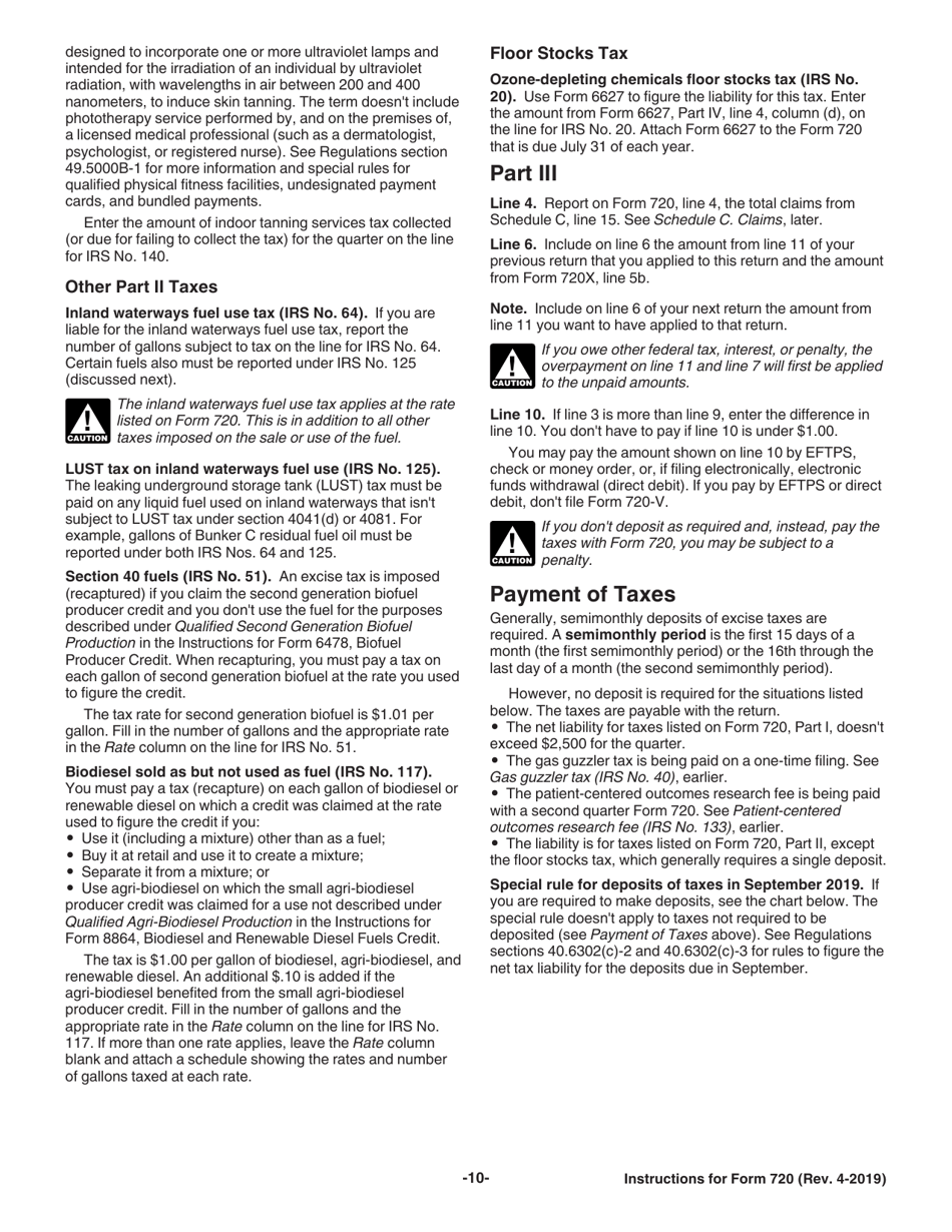 Instructions for IRS Form 720 Quarterly Federal Excise Tax Return, Page 10