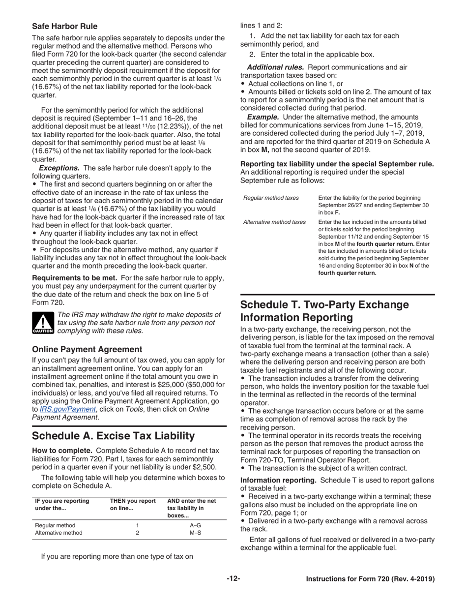 Instructions for IRS Form 720 Quarterly Federal Excise Tax Return, Page 12