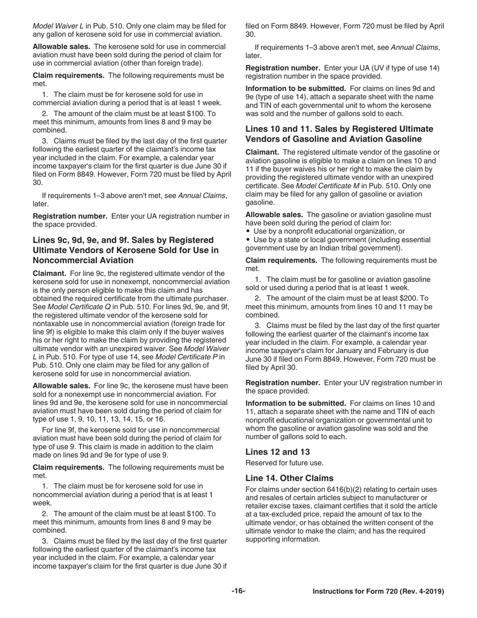 Instructions for IRS Form 720 Quarterly Federal Excise Tax Return, Page 16