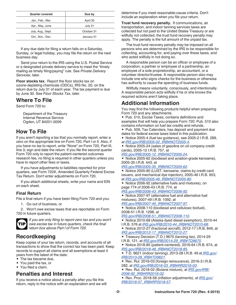 Instructions for IRS Form 720 Quarterly Federal Excise Tax Return, Page 2