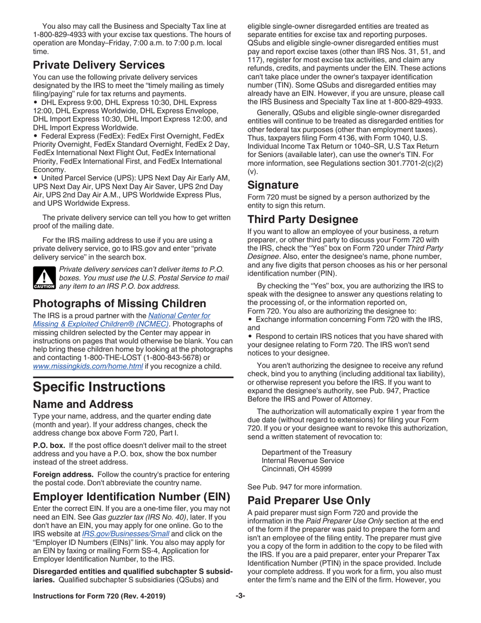 Instructions for IRS Form 720 Quarterly Federal Excise Tax Return, Page 3