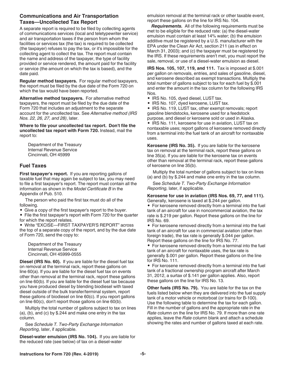 Instructions for IRS Form 720 Quarterly Federal Excise Tax Return, Page 5
