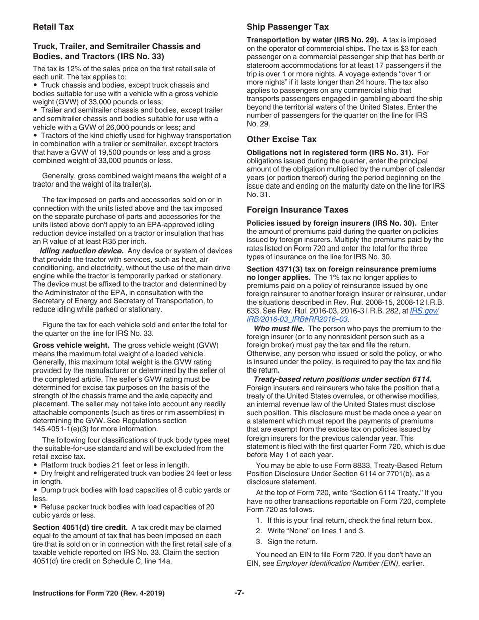 Instructions for IRS Form 720 Quarterly Federal Excise Tax Return, Page 7